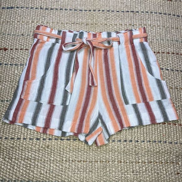 Indigo Rein, Linen Blend Striped Paper Bag Belted Shorts High Waist XL Beachy - Picture 1 of 8